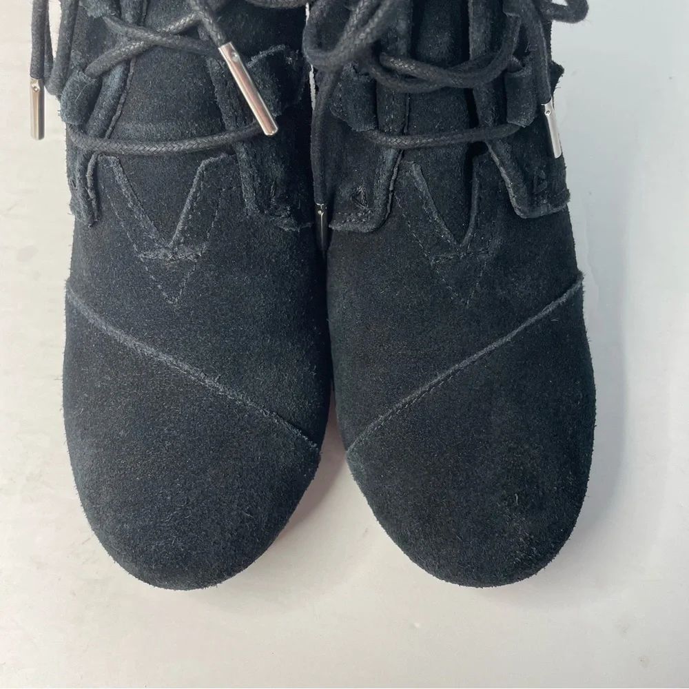 Toms Kala Black Leather‎ Suede Wedge Ankle Booties Round Toe BOHO